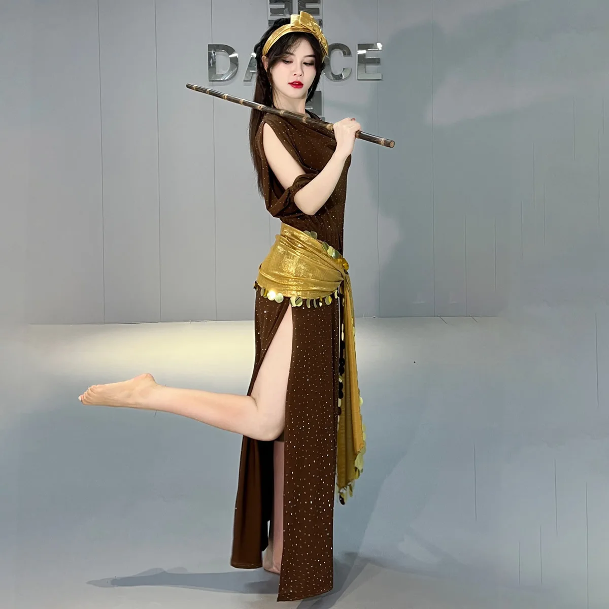 Shabbi Baladi Performance Robes pour femmes, ensemble de olympiques de danse du ventre, robe en coton à demi-manches, coiffure et ceinture, 3 pièces