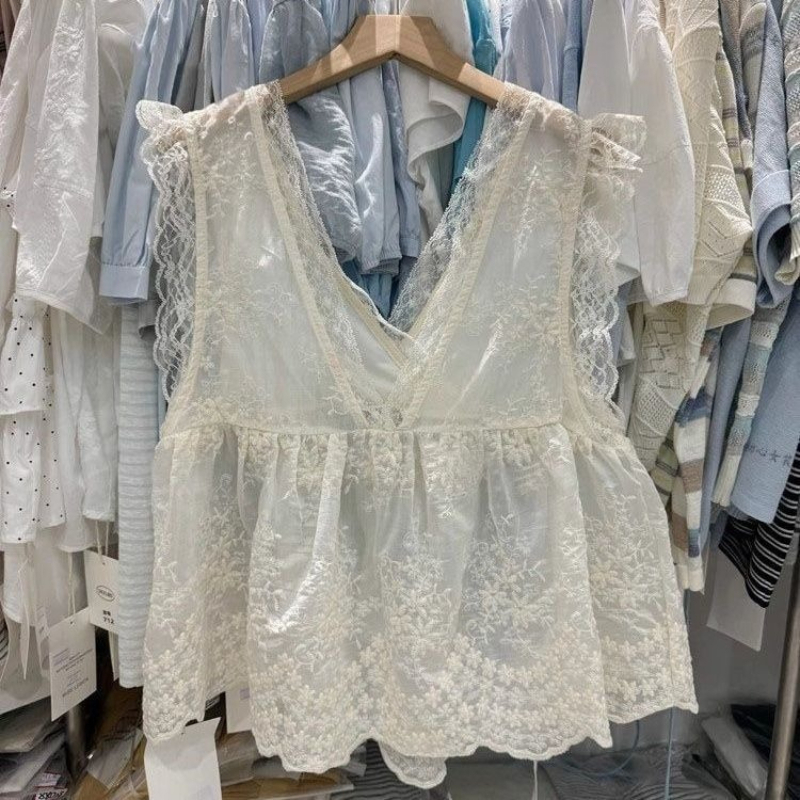 Nouveau débardeur féminin sexy en dentelle jacquard brodée, élégant et délicat, à volants, coupe ajustée, style français, décontracté et féerique