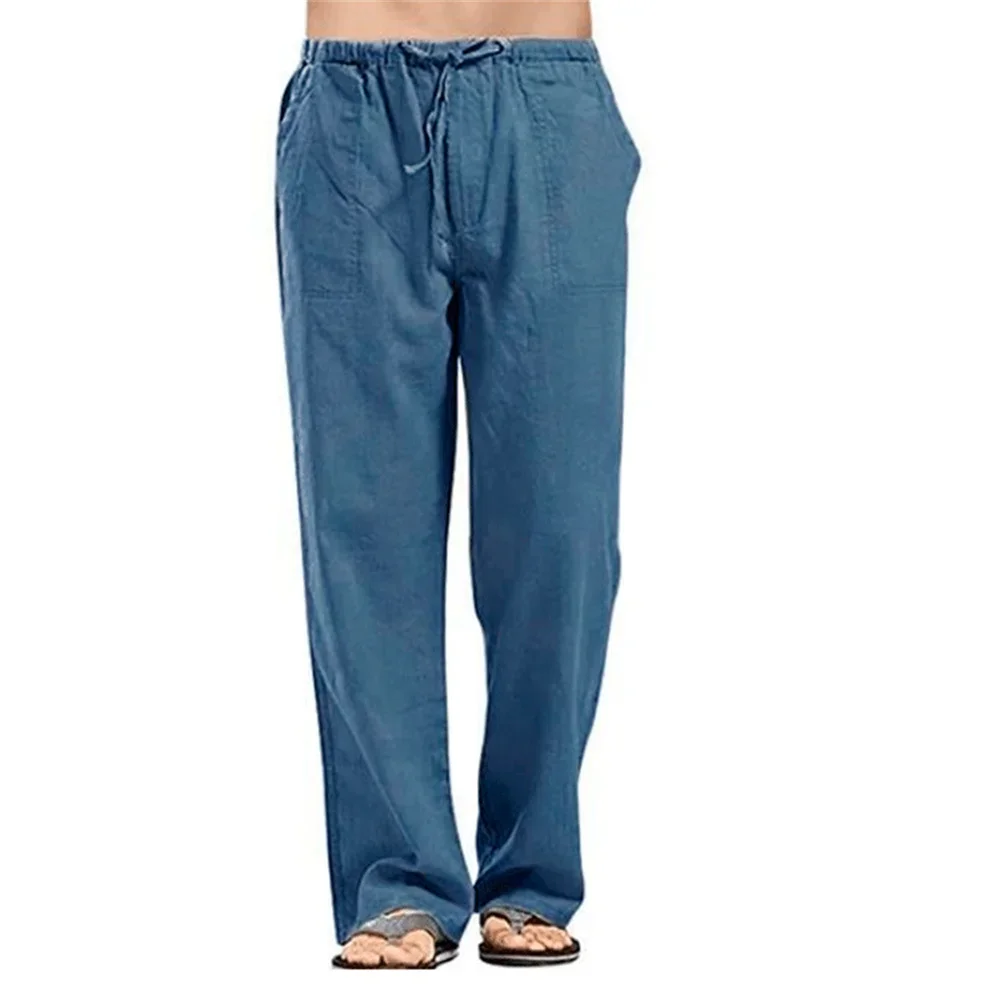 Pantalon d'été en coton et lin pour hommes, couleur unie, respirant, décontracté, taille élastique, pantalon de Fitness