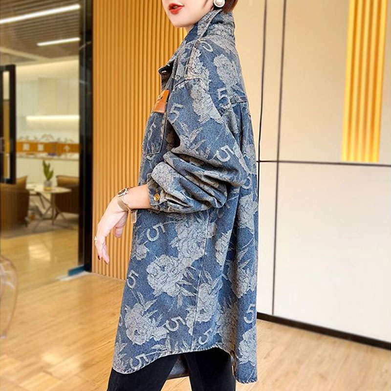 Chemise en Denim ample Vintage pour femmes, vêtements décontractés à col rabattu, chemisier imprimé à simple boutonnage pour les déplacements, printemps automne