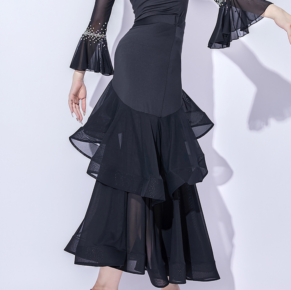 Jupe de danse de salon rouge, jupe de danse moderne noire à volants, nouvelle robe de danse moderne, jupe d'entraînement, robe de scène pour femme