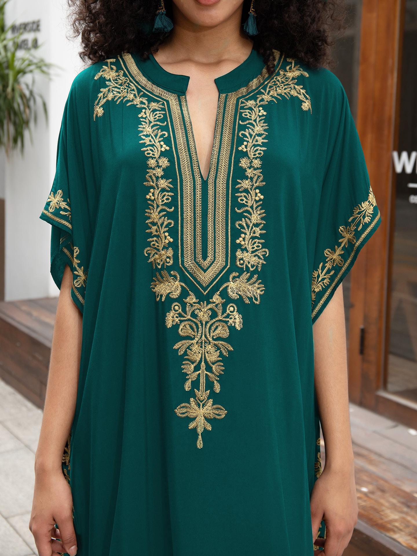 Robes caftan pour femmes brodées à manches courtes col en v grande taille Caftan Bikini maillot de bain robe de plage longue