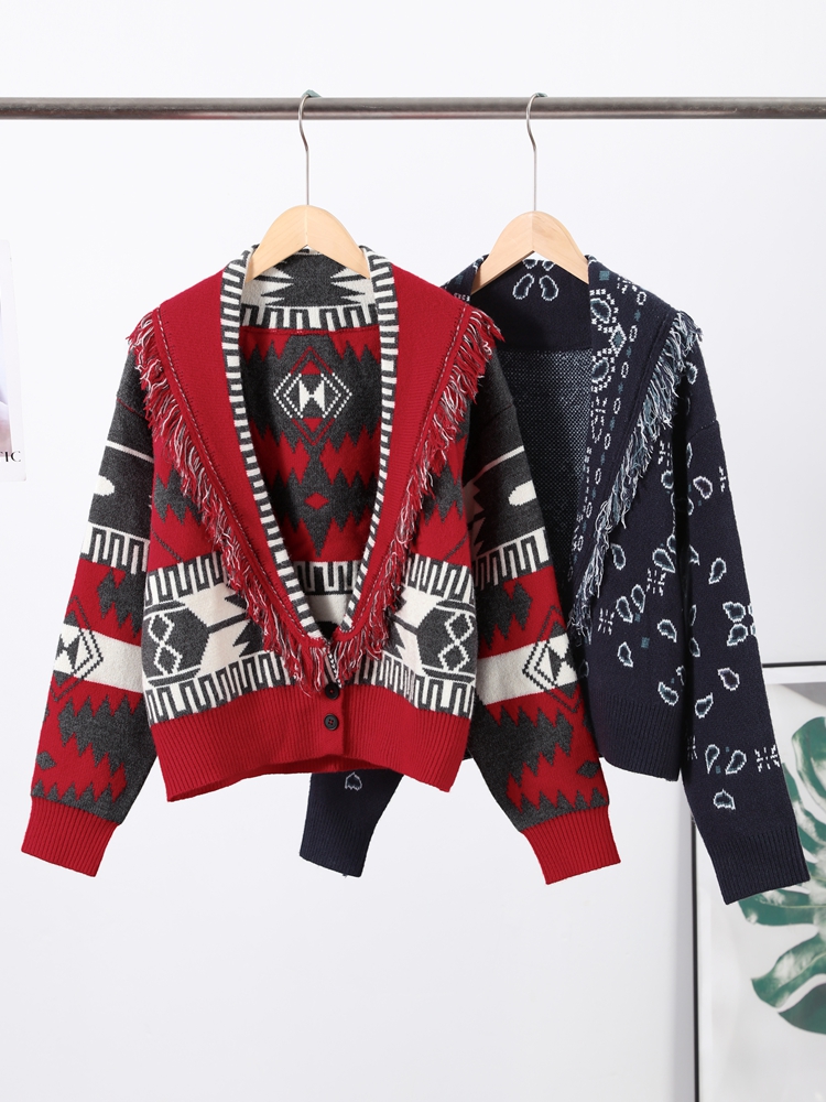 Cardigan imprimé Patchwork à franges pour femme, ceinture, col rabattu, manches longues, tricoté, pull de rue, Vintage, manteau d'automne 2025