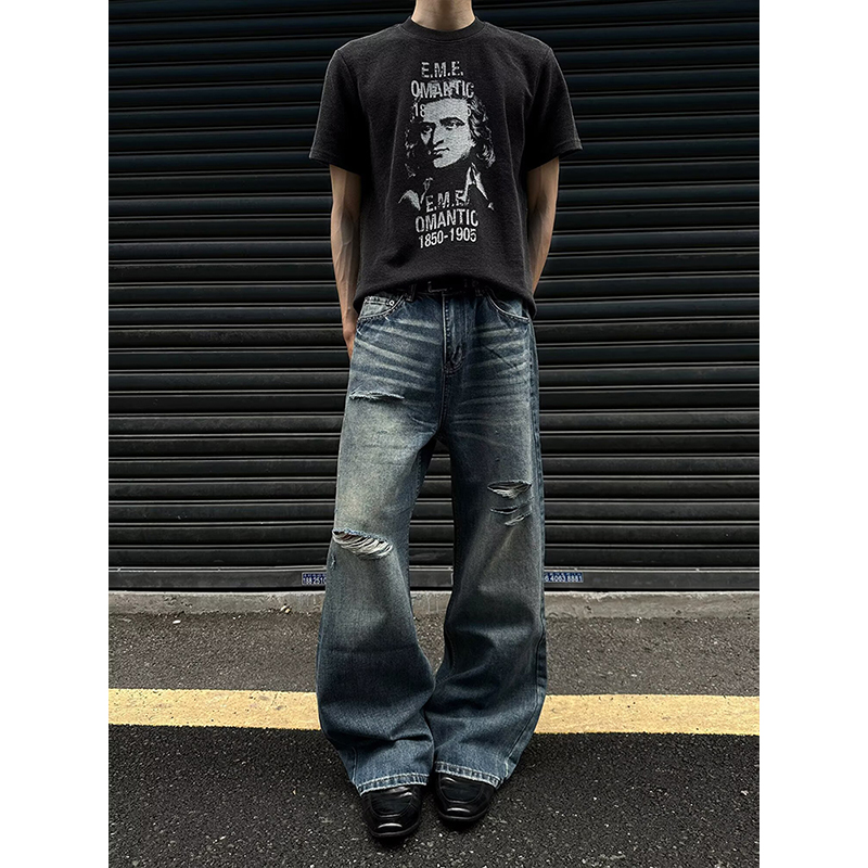 Jean pour homme robuste, délavé, multi-poches, style charpentier, coupe droite ample, décontracté, style urbain