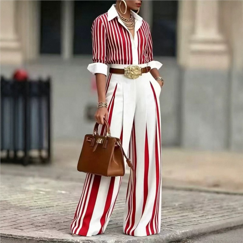 Ensemble deux pièces mode femme : chemise rayée imprimée à revers et manches longues à boutonnage simple + pantalon large pour l'automne