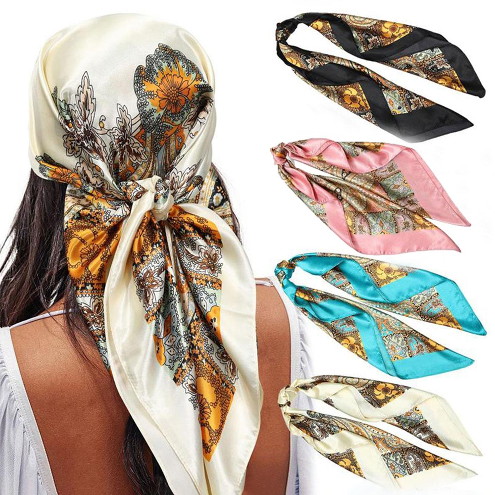 Lot de 4 foulards carrés de 90x90 cm, imitation soie, pour le cou, bandana, foulard de nuit, foulards de cheveux tendance pour femmes