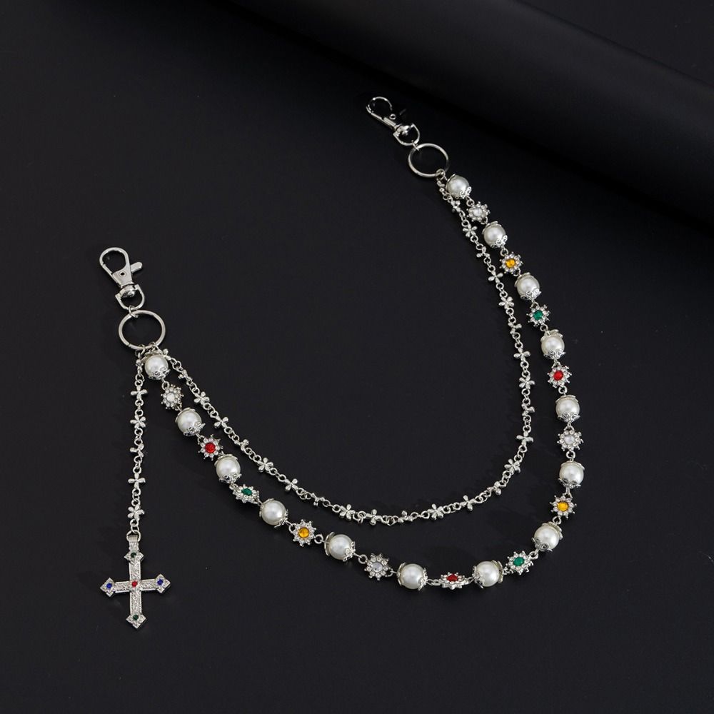 Chaîne de taille croisée exquise, Style Hip-hop, chaîne de pantalon à pompon de luxe, pendentif croix, chaîne de jean Harajuku pour hommes et femmes