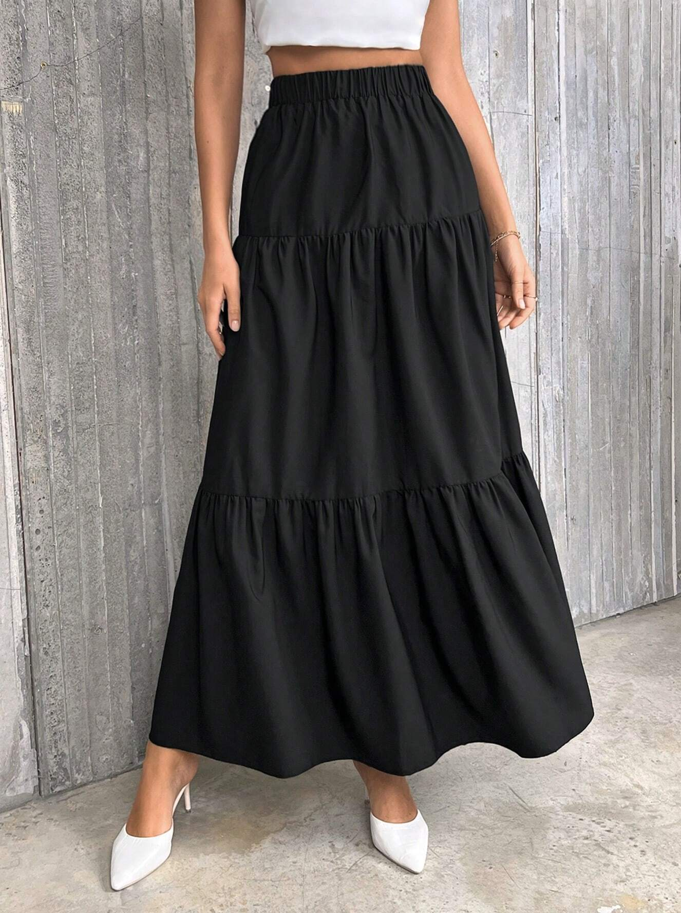 Jupe à ourlet à volants pour femmes, jupe trapèze taille haute de couleur unie, coupe ample décontractée et polyvalente pour les tenues quotidiennes, best-seller