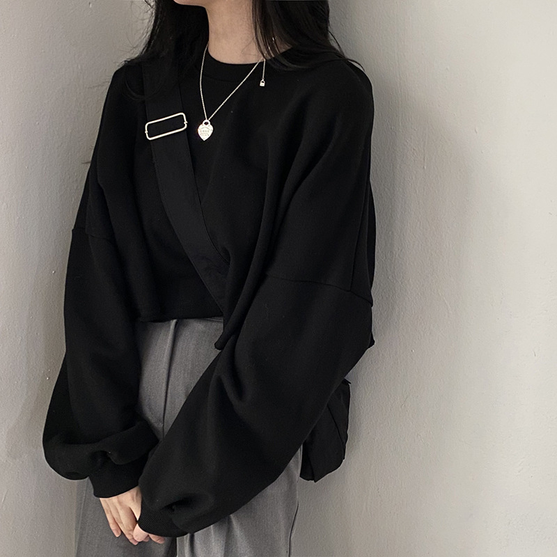 Sweat-shirts courts de mode coréenne pour femmes, hauts courts amples de couleur unie sexy, streetwear décontracté pour femmes, pulls grande taille pour femmes