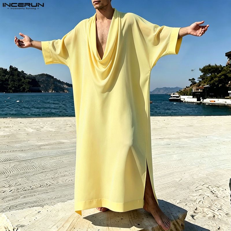 INCERUN Kaftan musulman pour homme, couleur unie, manches 3/4, robes vintage pour homme, caftan ample et décontracté, 2026, Jubba Thobe arabe
