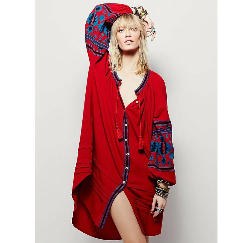 Robe Boho en coton pour femmes, broderie florale, col rond, pompon, lanterne, manches longues, chemise Vintage, décontractée, vacances