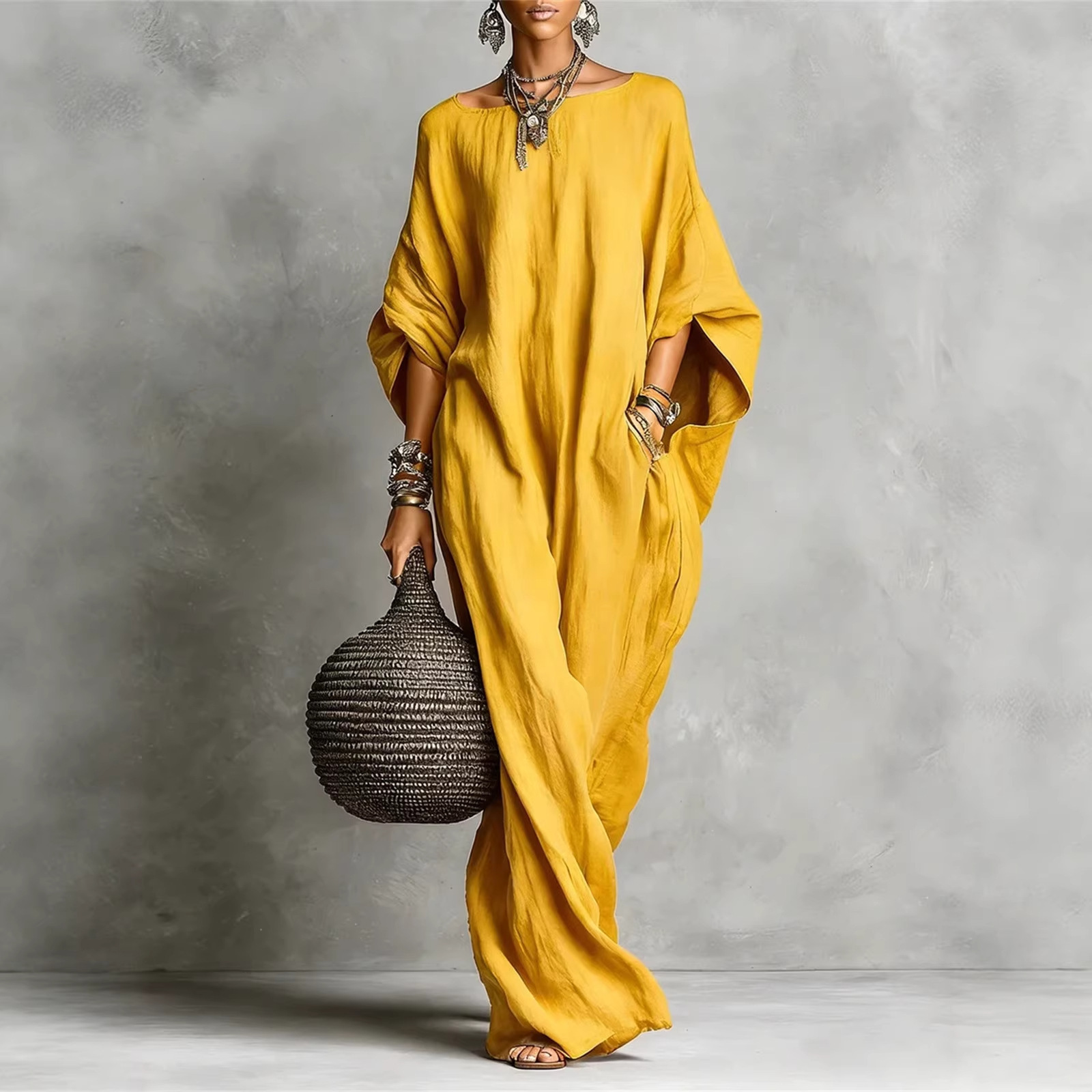 Robe longue kaftan multicolore en mélange de lin, coupe ample, manches chauve-souris, avec poches, style bohème décontracté pour femme