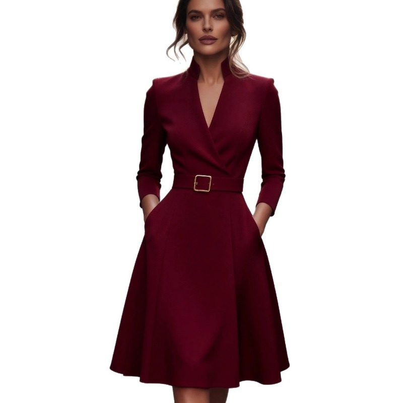 Robe midi élégante à col en V pour femmes, manches longues, ceinture à la taille, couleur unie, coupe évasée, formelle, pour le bureau, automne-hiver.