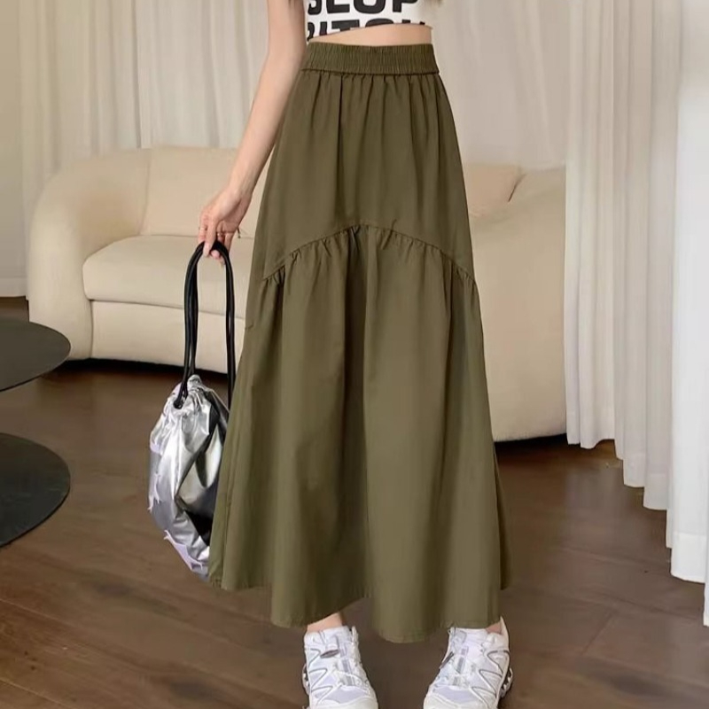 Jupe noire femmes corée été de 2025 Style coréen à la mode plissée Patchwork taille élastique jupe longue femme