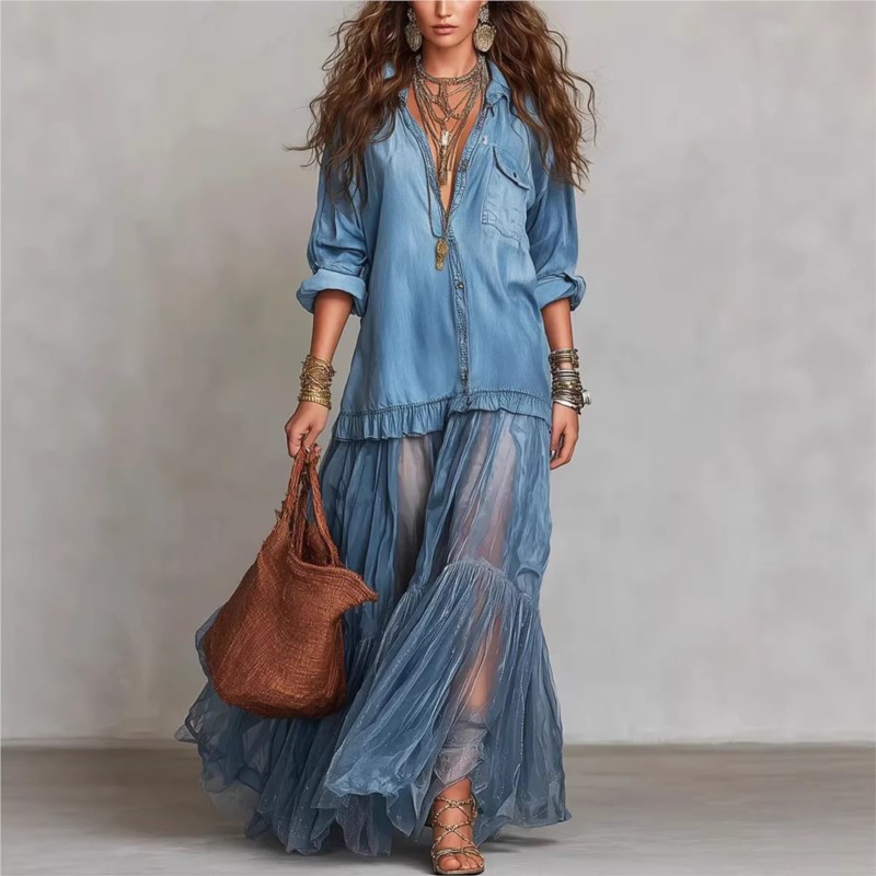 Nouvelle Robe Longue Décontractée et Élégante pour Femme en Imitation Jean avec Empiècements en Maille, Manches Longues, Col en V et Ourlet en Organza, Fermeture Simple Boutonnage, Collection Automne