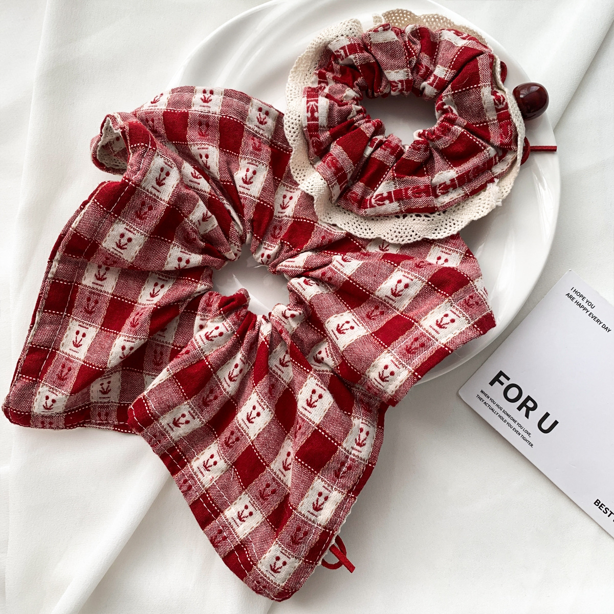 Chouchous pour femmes, Style doux, carreaux rouges, cerise, dentelle, écharpe carrée, corde pour cheveux, accessoires pour cheveux, cadeau pour filles