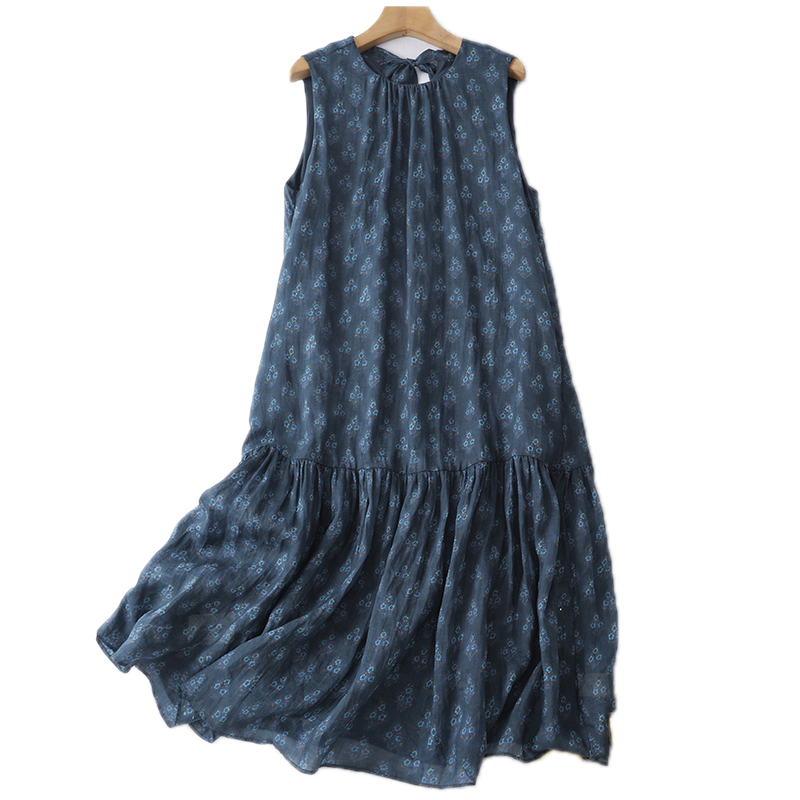 Robe longue rétro à imprimé floral pour femme, sans manches, taille haute, coupe ample, style décontracté, en mélange de coton J271