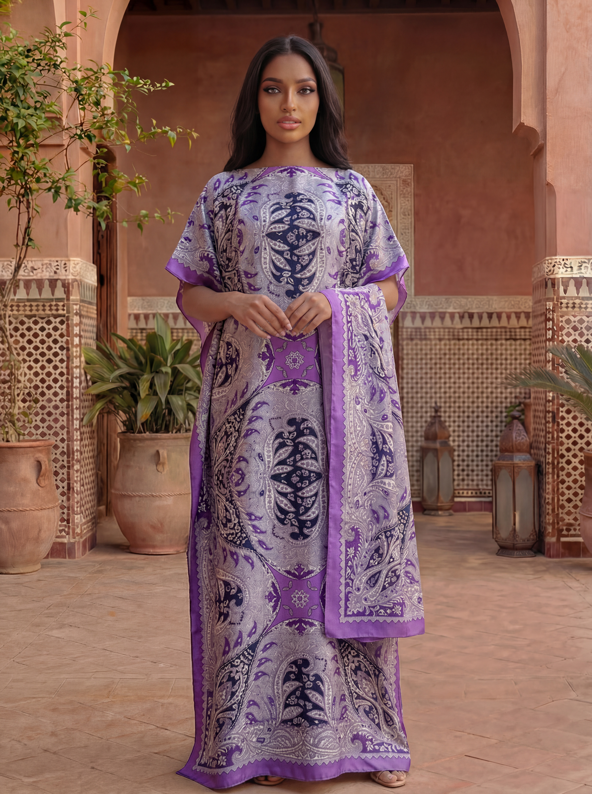 Abaya imprimée pour femmes africaines avec foulard - Robe maxi kaftan ample style Dubaï à col bateau et manches chauve-souris