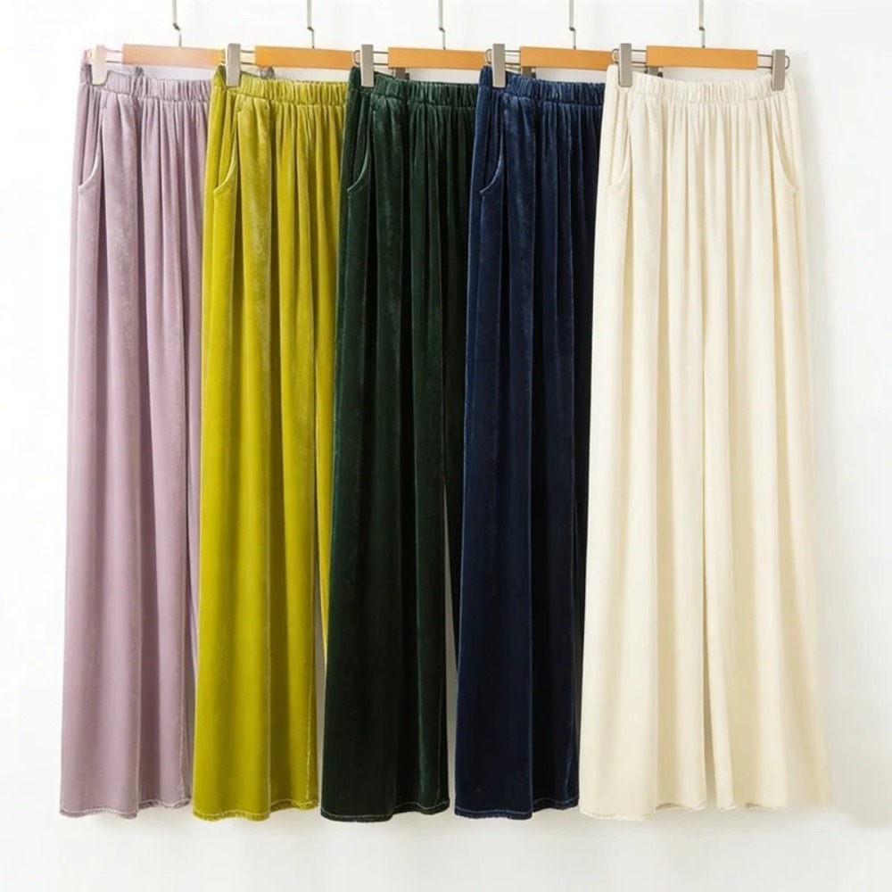 Pantalon en velours de soie de mûrier naturelle 30%, pantalon à jambe droite avec poche à taille élastique à la mode pour femmes, nouveau printemps 2026