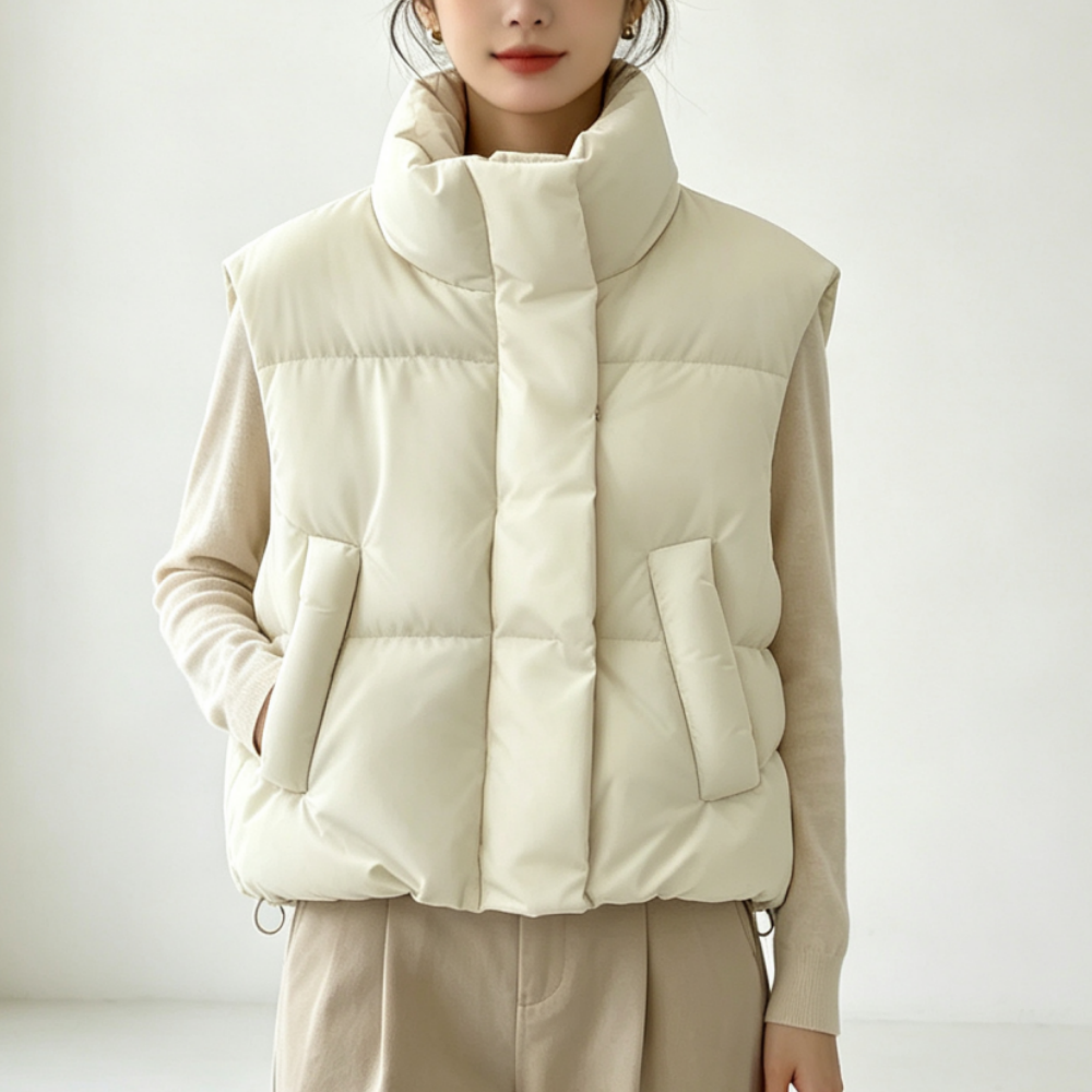 Gilet chauffant de mode coréenne pour femmes, automne-hiver, col montant, avec poches, veste chaude et élégante, veste courte sans manches, style doudoune.