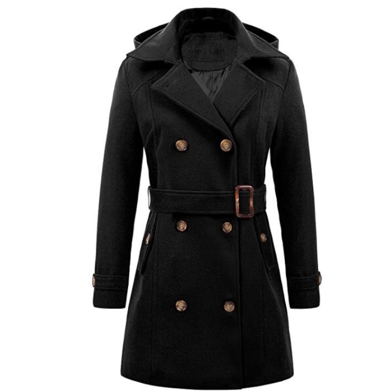 Vestes à capuche mi-longues pour femmes, pardessus croisés pour dames, col coloré à revers en laine, haut d'hiver, streetwear féminin