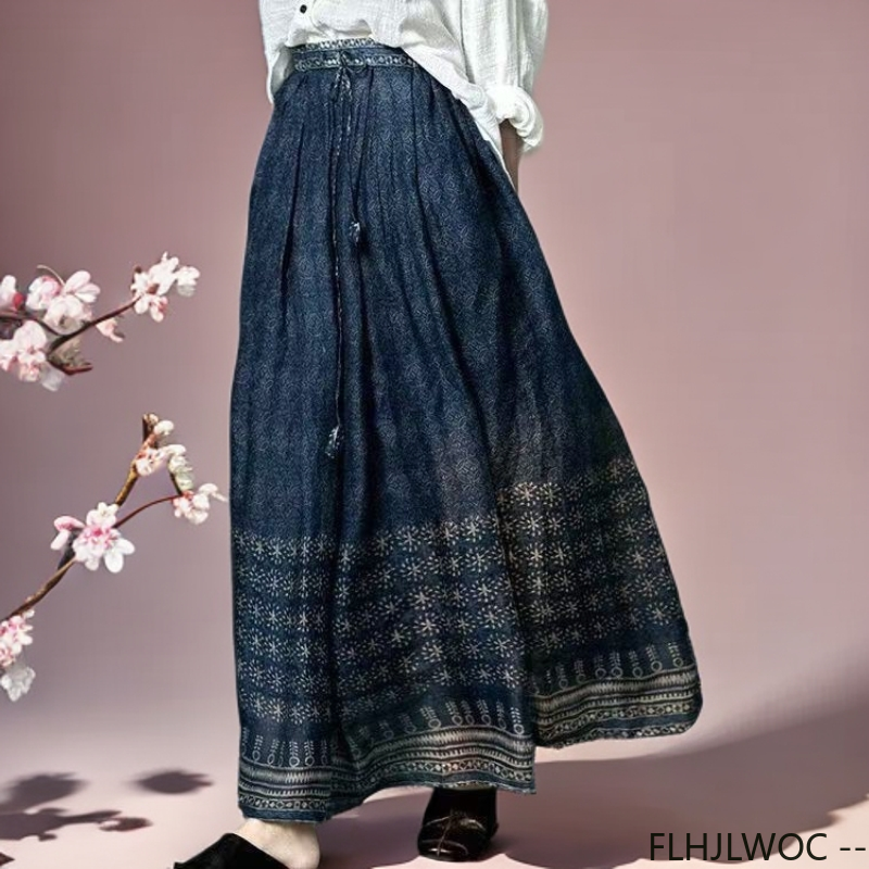 Style ethnique bohème doublé jupes en lin doux rétro Vintage mignon doux filles bleu classique Style thaïlandais longue jupe Maxi