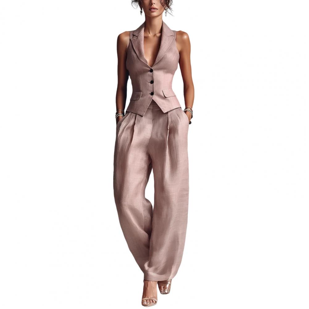 Ensemble deux pièces pour femme, tenue d'été, gilet boutonné et pantalon large, ensemble assorti, vêtements de travail professionnels