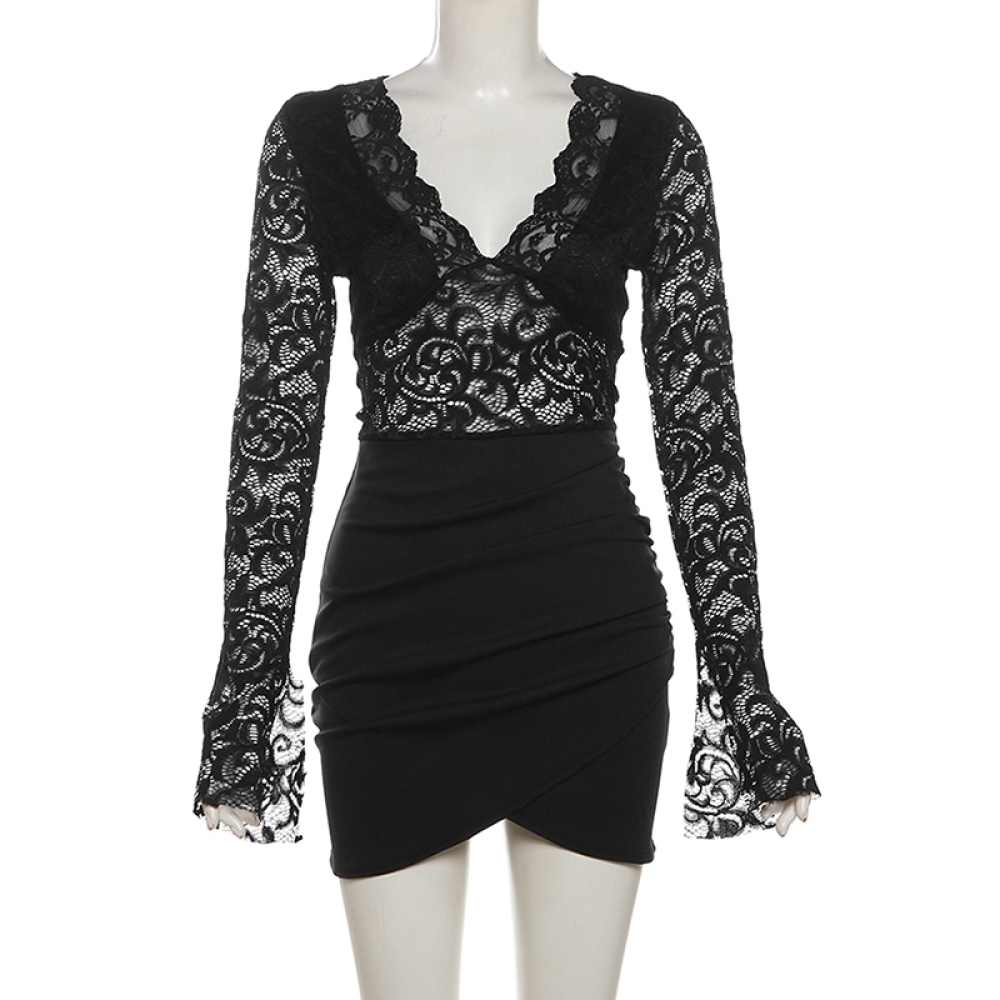 SylCue dentelle Patchwork Mini robe femme col bas manches longues maigre pêche hanche filles chaudes minuit Club fête Sexy mode moulante