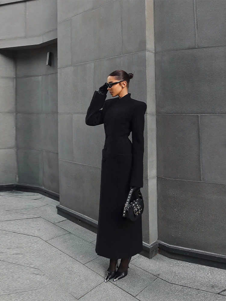 Manteau Long élégant pour femmes, col en v, couleur unie, Slim, simple boutonnage, taille fermée, veste dame, automne hiver 2021, Chic, Streetwear féminin