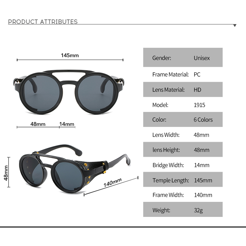Lunettes de soleil steampunk pour voyages d'été, hommes et femmes, lunettes de soleil classiques avec monture ronde en cuir latérale, verres punk UV400