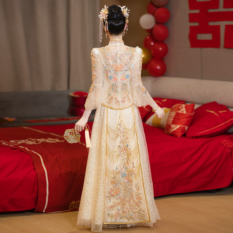 Robe de mariée traditionnelle chinoise modernisée pour Couple, longue broderie Cheongsam, élégante, pour mariée