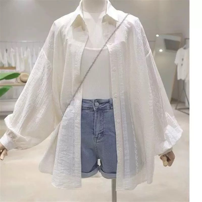 Chemise boutonnée brodée pour femmes, légère, manches longues, surdimensionnée, printemps été, mode coréenne, tenue décontractée