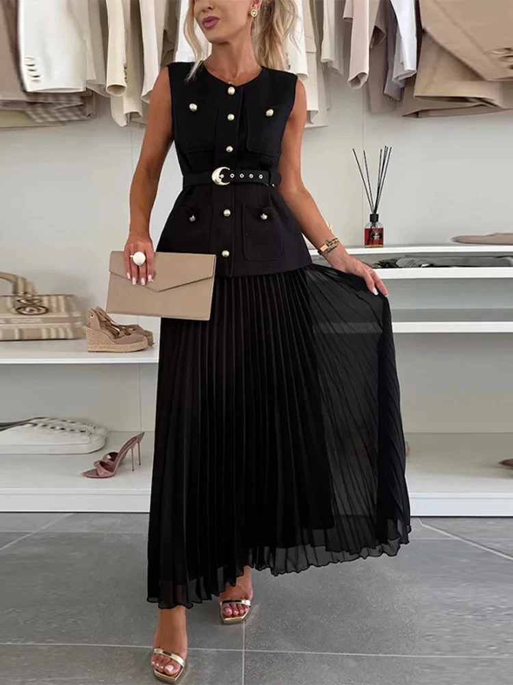Ensemble gilet et jupe élégante pour femmes, ceinture, sans manches, col rond, simple boutonnage, taille haute, jupe longue plissée, costume Chic pour nouvelle dame