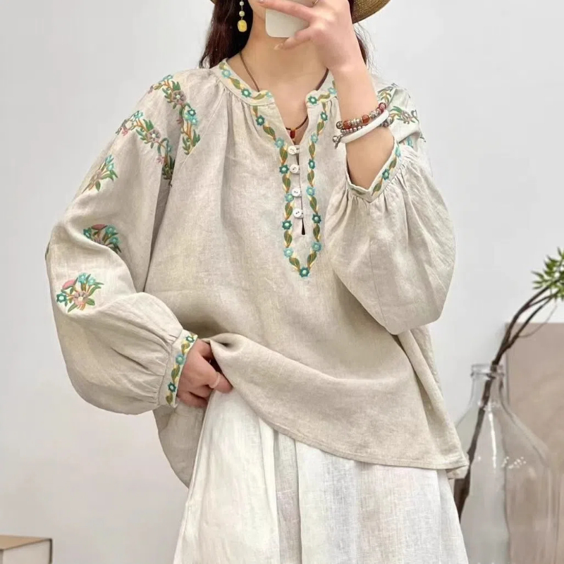 Chemisier brodé à manches longues et col demi-ouvert pour femme, vêtements coréens assortis avec tout, nouvelle mode printemps automne