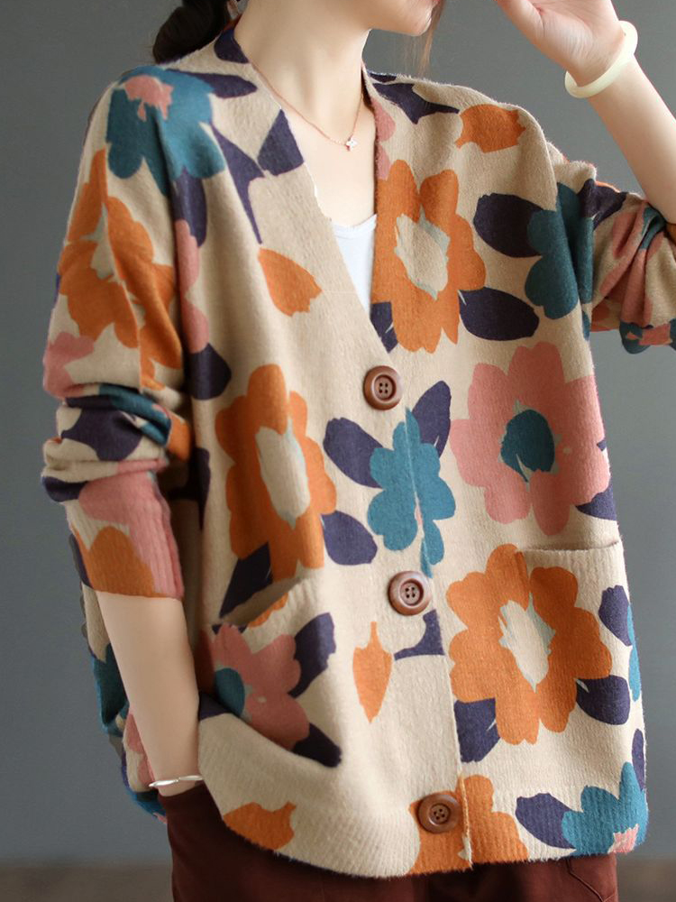 Cardigan imprimé pour femme, pull tricoté, mode coréenne, hauts à manches longues, col en V, ample, automne printemps