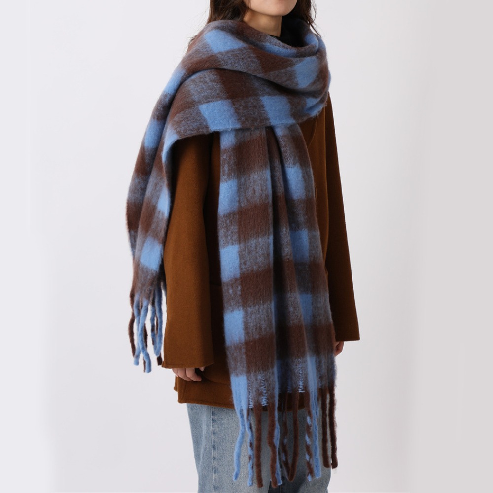 Écharpe rétro en laine à carreaux Mohair, avec pompon épais, en cachemire, couleur unie, en peluche, Long châle pour étudiant, hiver