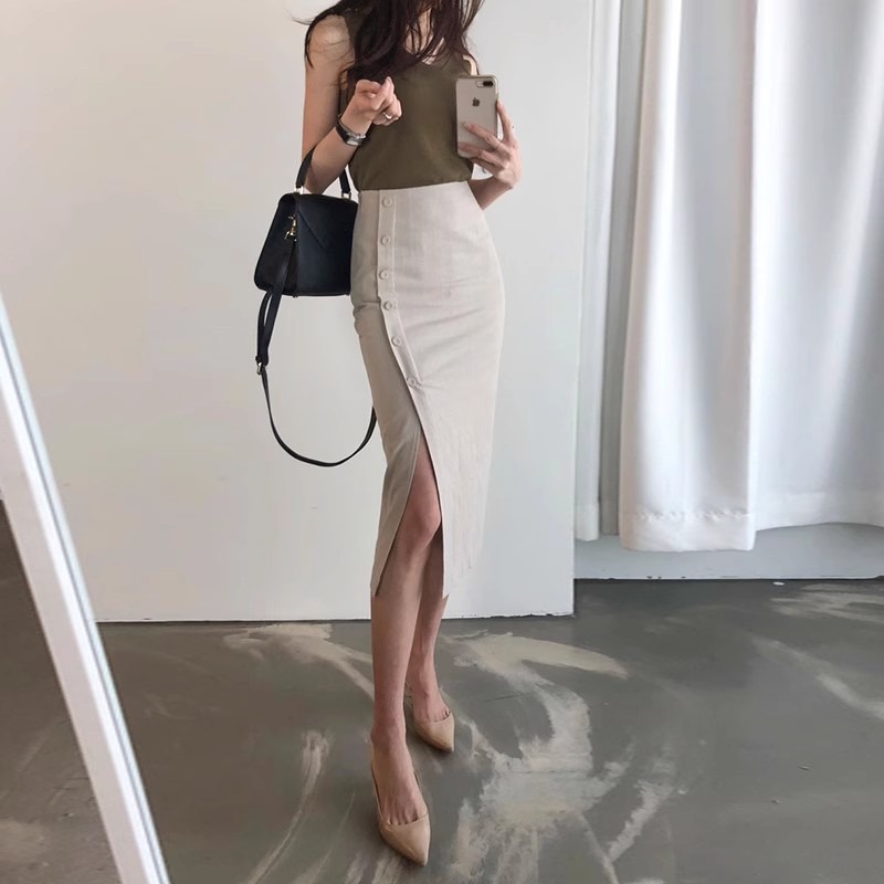 Jupe crayon mi-longue fendue taille haute pour femme en coton et lin, élégante pour le bureau