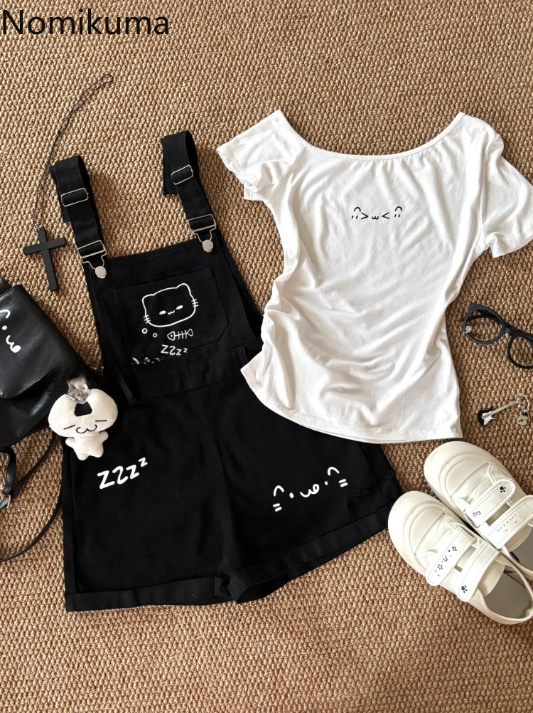 Ensembles courts vêtements d'été femmes deux pièces ensemble tunique t-shirts blancs dessin animé salopette Shorts tenues Style Preppy costume japonais