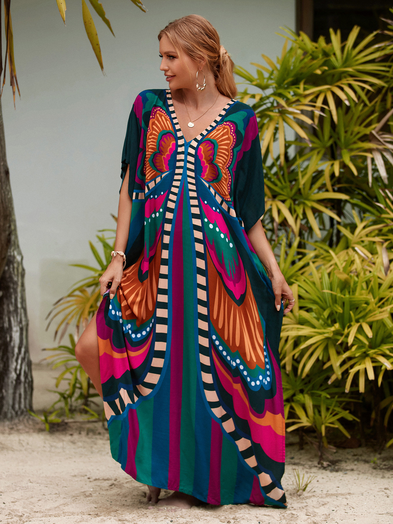 Robes caftan pour femmes col en V imprimé papillon grande taille manches chauve-souris caftans longue maillot de bain couvrir