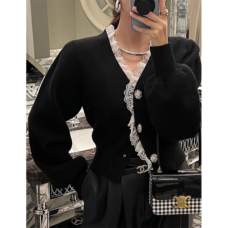 Vintage rouge tricoté Cardigan femmes recadrée dentelle noir pull d'extérieur élégant coréen col en V tricots hiver Design pulls