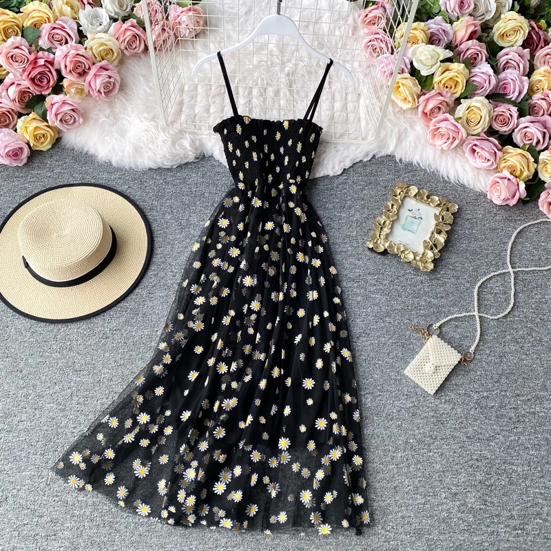 Robes à imprimé floral pour femmes, robe en maille de dentelle, robe à bretelles spaghetti, soirée de fête, coréen Kawaii, éducatif, été, sexy