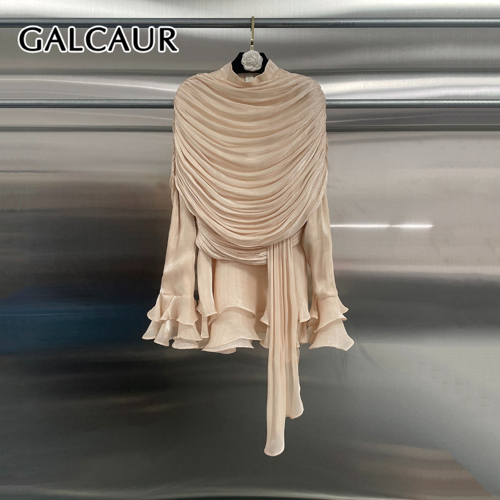 GALCAUR Robe unie ample à volants pour femme, col rond, manches longues, patchwork, fermeture éclair, robes élégantes, nouvelle collection mode féminine