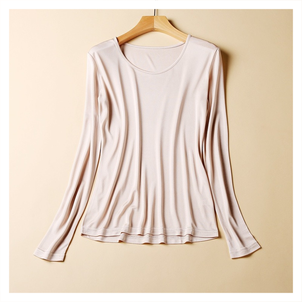 Chemise à manches longues en soie de mûrier pour femmes, tricotée en soie, couleur unie, col rond, nouvelle mode 2025