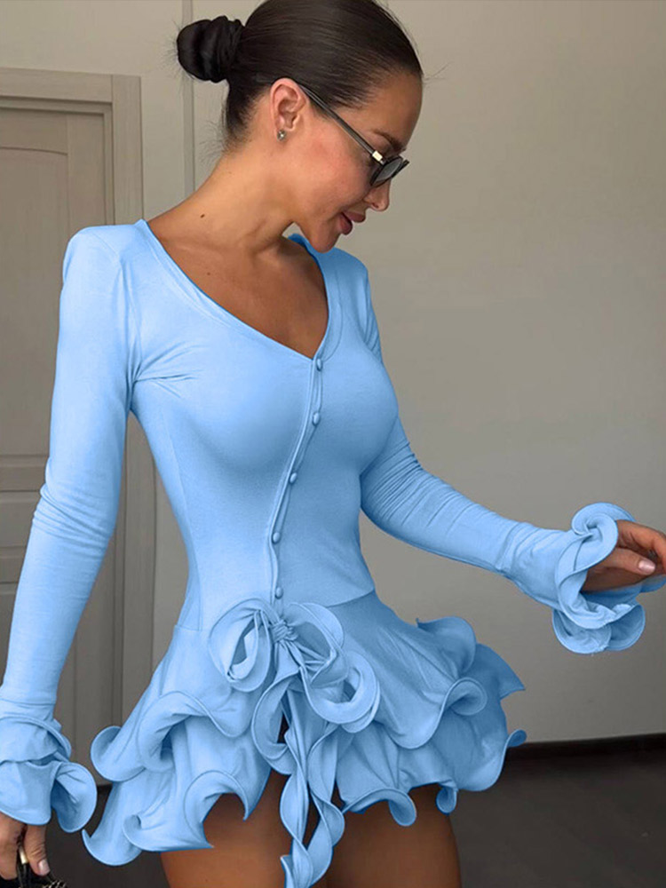 Robe Chic Femme à Volants, Col V, Manches Longues, Boutons à la Taille, Couleur Unie, Mini-Robe Élégante, Mode Été 2026