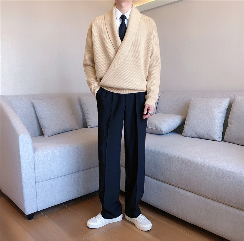 Pull coréen à col en V pour hommes, grand document solide, pull de personnalité, tendance de la mode, pull décontracté paresseux, manteau d'automne et d'hiver