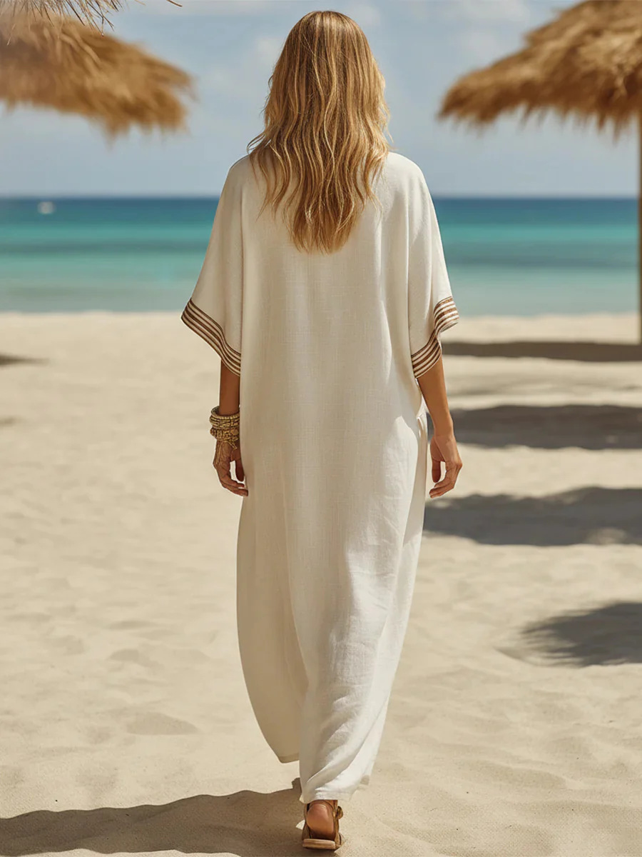 Robe kaftan bohème en lin, bordure rayée, col en V, manches chauve-souris, coupe ample avec poches, robe maxi décontractée et polyvalente pour les vacances