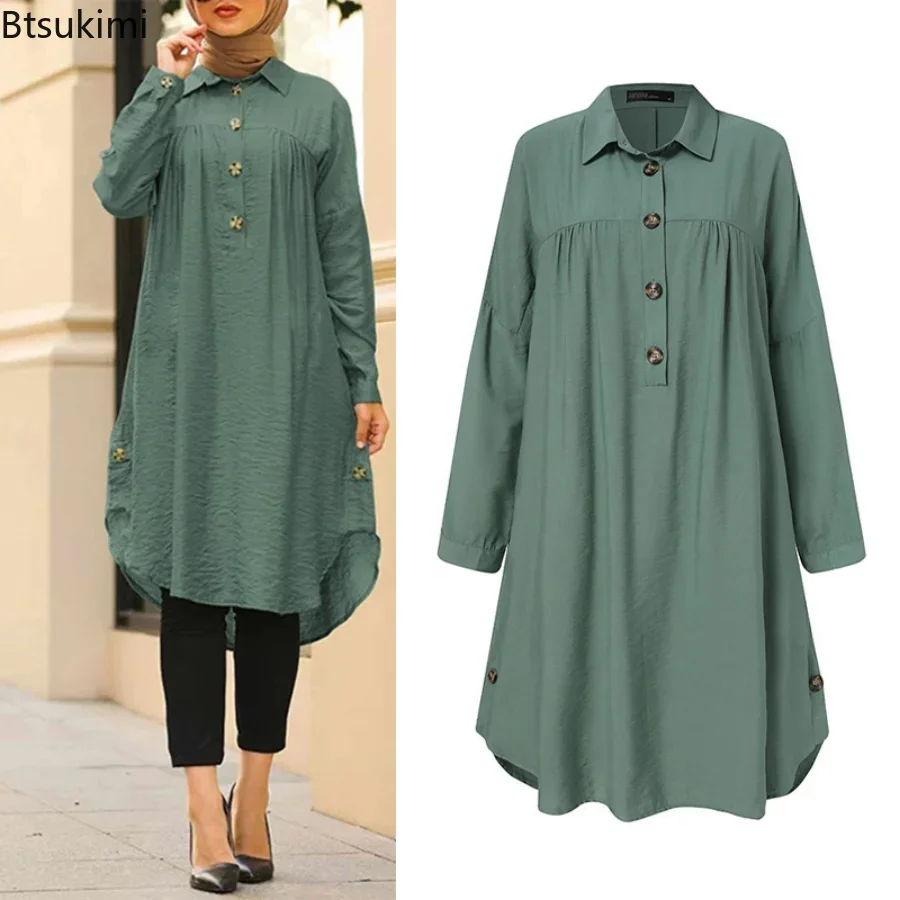 Chemisier musulman solide pour femmes, chemise longue Simple en coton et lin, arabie saoudite, Islam, hauts pour dames, robes trapèze, été 2026