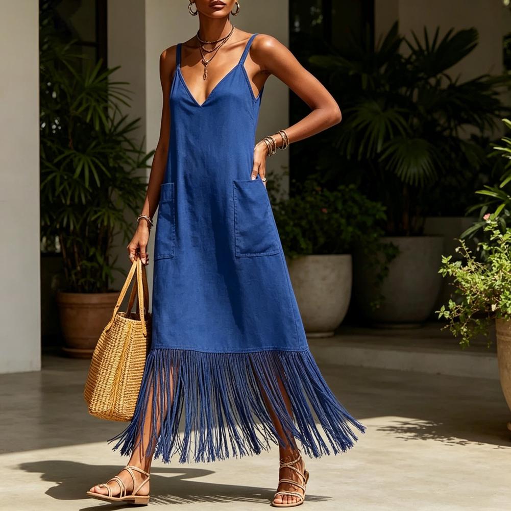 Robe de soirée décontractée à franges, robe longue à ourlet à franges, robe ample à bretelles spaghetti pour les vacances à la plage avec poches