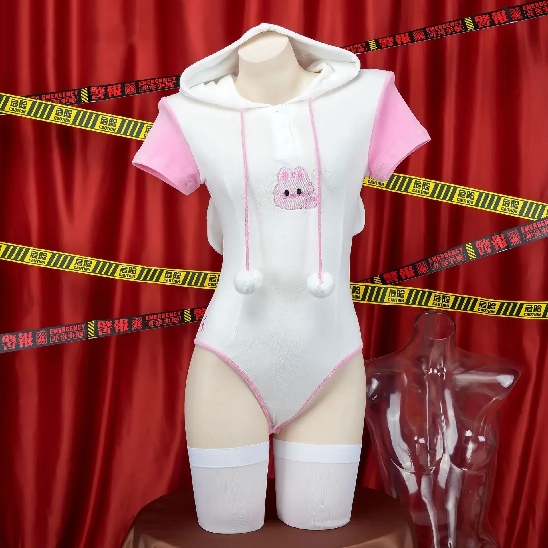 Costume de cosplay de lapine pour femme, sexy et mignon, combinaison à capuche en peluche avec oreilles de lapin, pyjama à manches courtes, tenue de performance