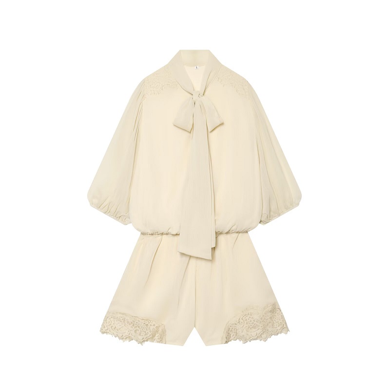 Combinaison en dentelle pour femmes, avec nœud papillon, élégante, ample, courte, décontractée, à manches courtes, à taille élastique, pour femmes